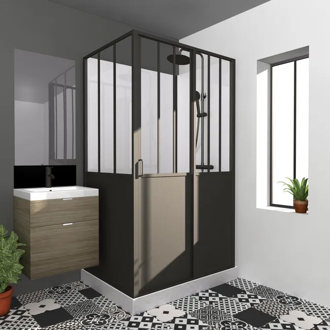 Cabine de douche d'angle industrielle L.120 x l.90 cm noir